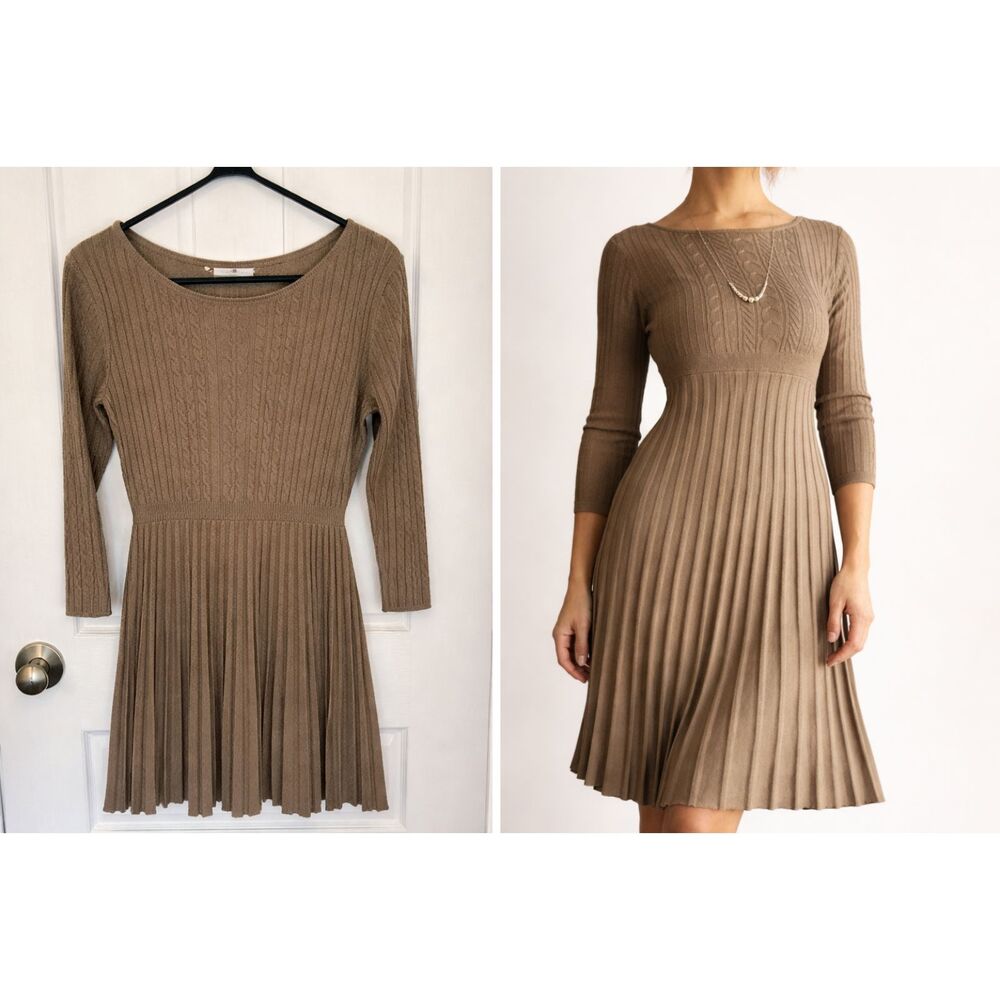 Calvin Klein Taupe Ribbed Cable Knit Fit Flare Classic Sweater Dress Pleated L